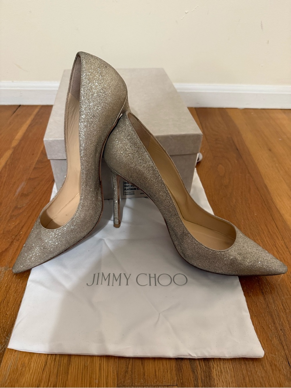 Jimmy Choo Romy 100 Dusty Glitter Pointed-Toe Stiletto Pumps in Platinum Ice